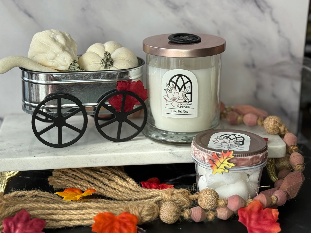 Crisp Fall Day candle and wax melts by Downing Avenue