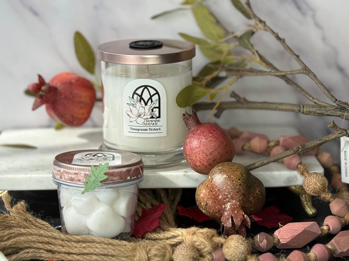 Pomegranate Orchard candle and wax melts by Downing Avenue