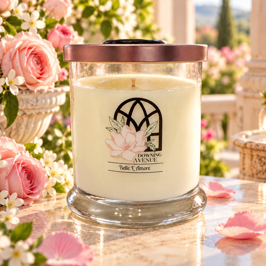 Belle L'Amour hand-poured candle by Downing Avenue, copper lid