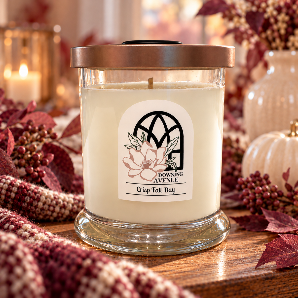 Crisp Fall Day hand-poured candle by Downing Avenue, copper lid