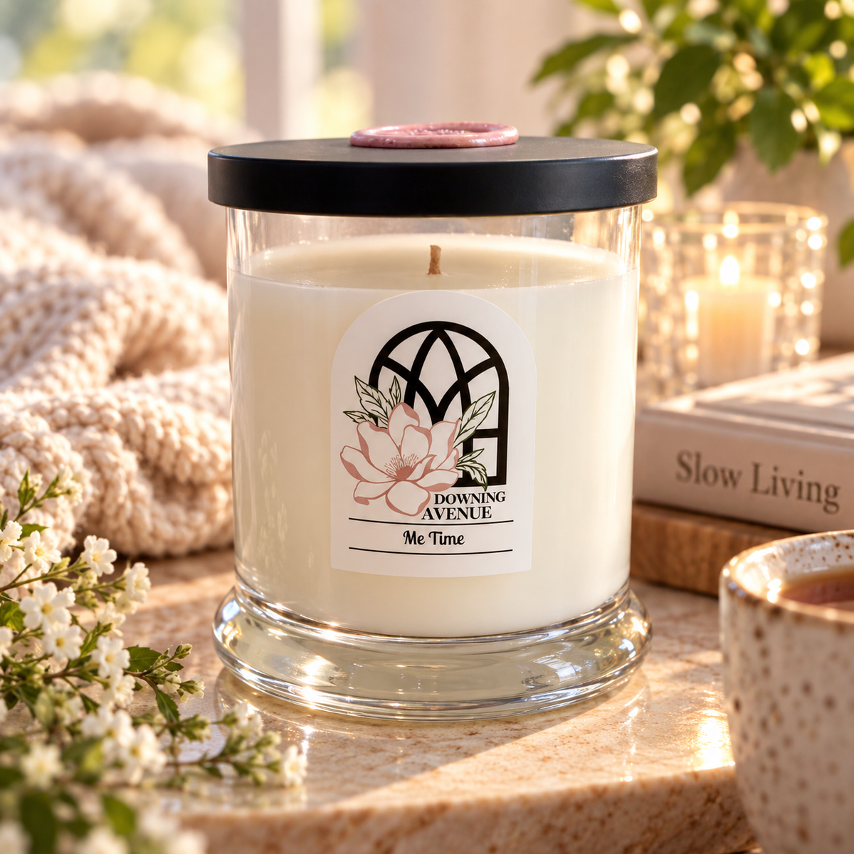 Me Time hand-poured candle by Downing Avenue, black lid with pink wax seal