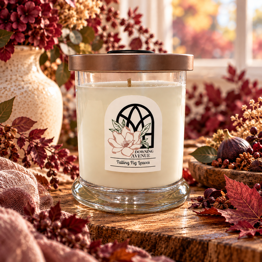 Falling Fig Leaves hand-poured candle by Downing Avenue, copper lid