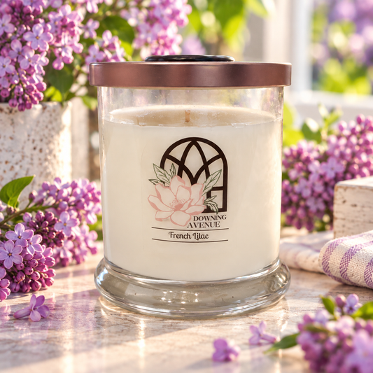 French Lilac hand-poured candle by Downing Avenue, copper lid