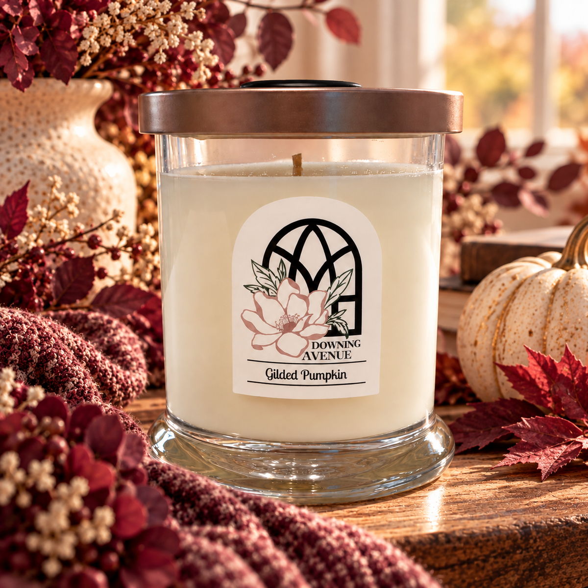 Gilded Pumpkin hand-poured candle by Downing Avenue, copper lid