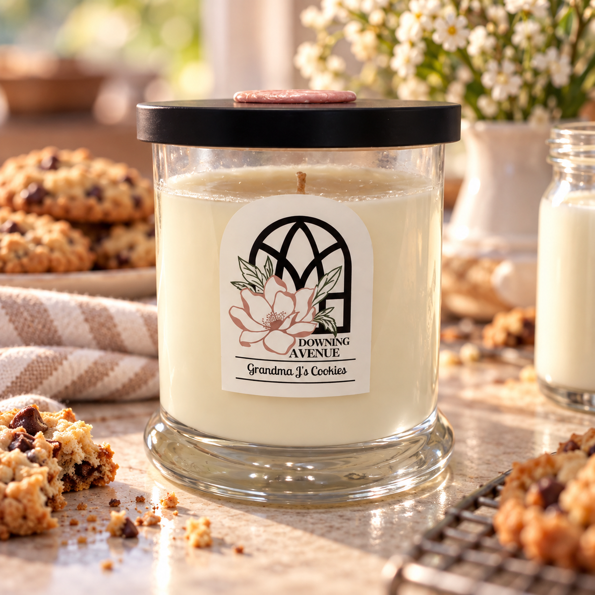 Grandma J's Cookies hand-poured candle by Downing Avenue, black lid with pink wax seal