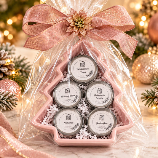 Holiday wax melts in a pink ceramic Christmas tree, gift-wrapped with a rose gold bow: Dancing Sugar Plums, Glistening Icicles, Christmas in Paradise, Noel Forest and Yuletide Glow
