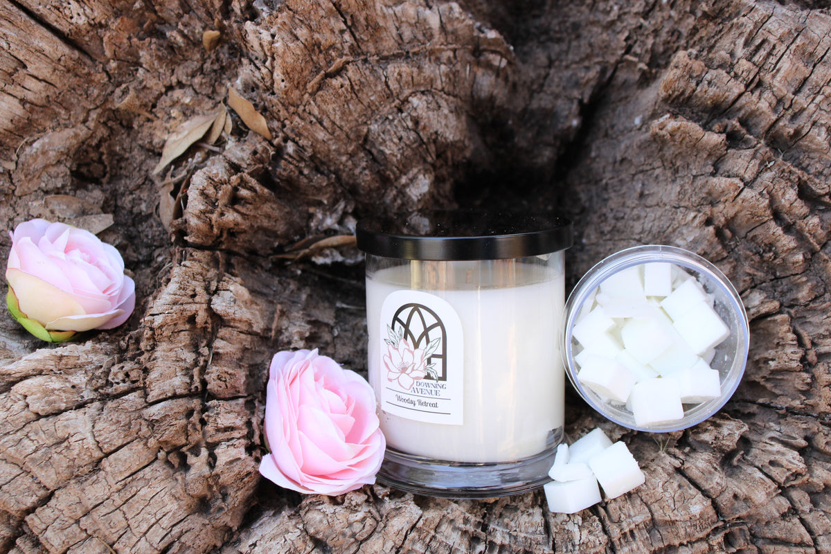 Woodsy Retreat candle and wax melts by Downing Avenue