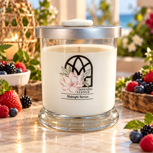 Midnight Berries hand-poured candle by Downing Avenue, silver lid with stone topper