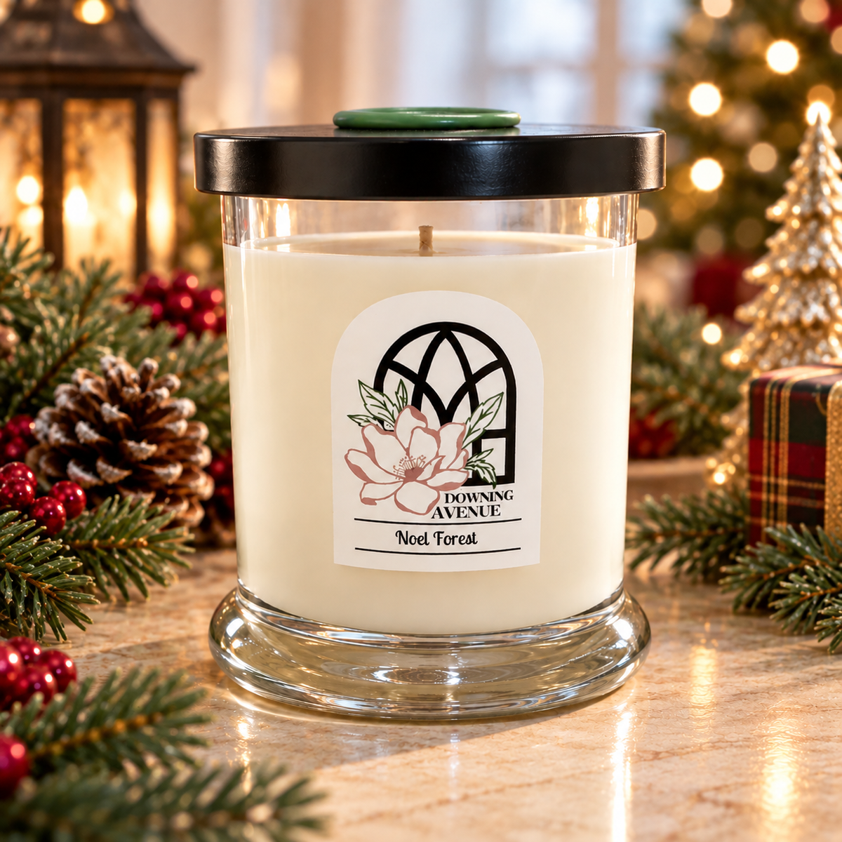 Noel Forest hand-poured candle by Downing Avenue, black lid with green wax seal