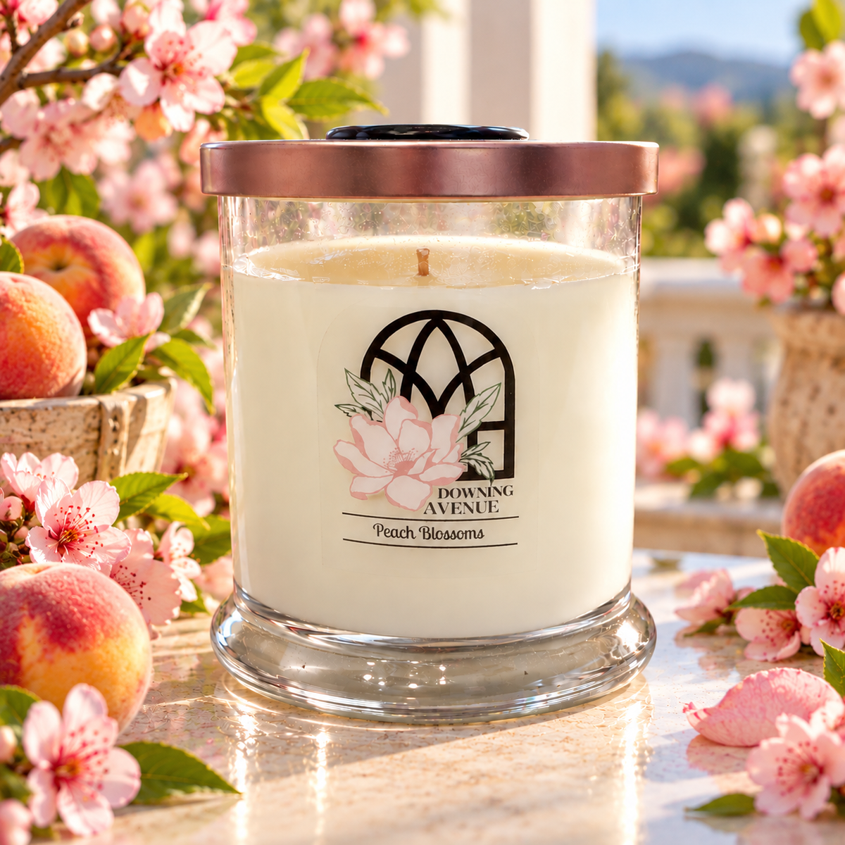 Peach Blossoms hand-poured candle by Downing Avenue, copper lid