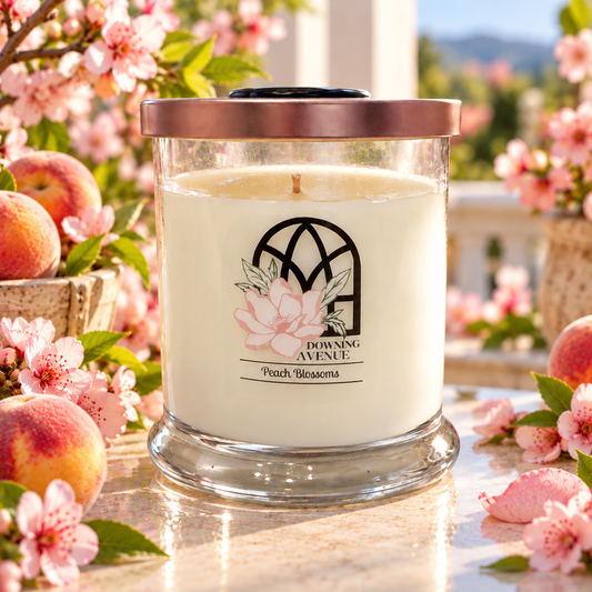 Peach Blossoms hand-poured candle by Downing Avenue, copper lid