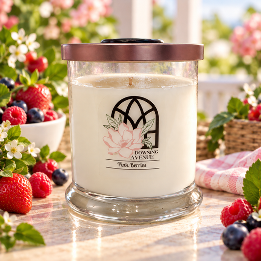 Pink Berries hand-poured candle by Downing Avenue, copper lid