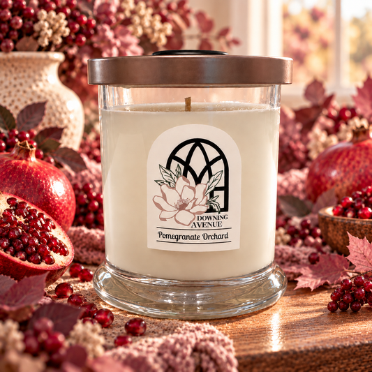 Pomegranate Orchard hand-poured candle by Downing Avenue, copper lid