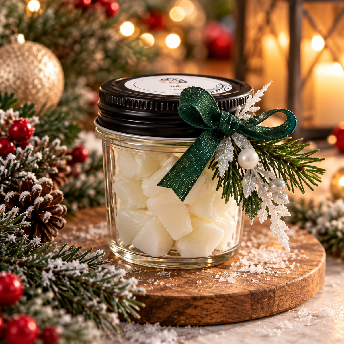 Holiday wax melts in a 2.75 oz jar by Downing Avenue