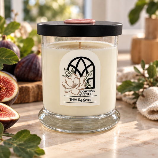 Wild Fig Grove hand-poured candle by Downing Avenue, black lid with pink wax seal