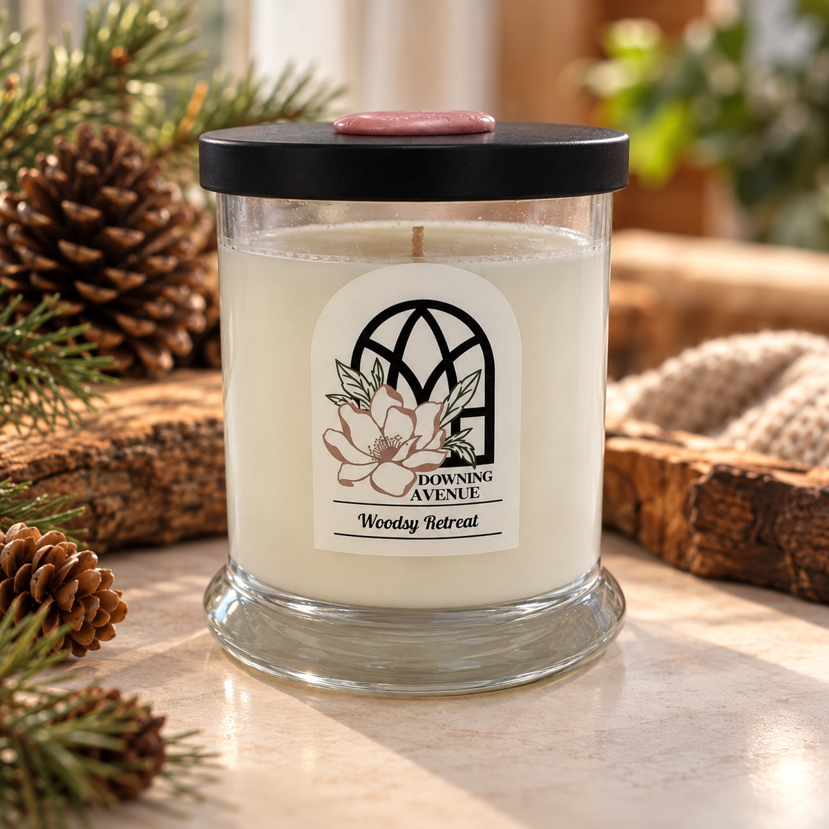 Woodsy Retreat hand-poured candle by Downing Avenue, black lid with pink wax seal