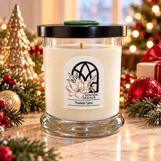 Yuletide Glow hand-poured candle by Downing Avenue, black lid with green wax seal